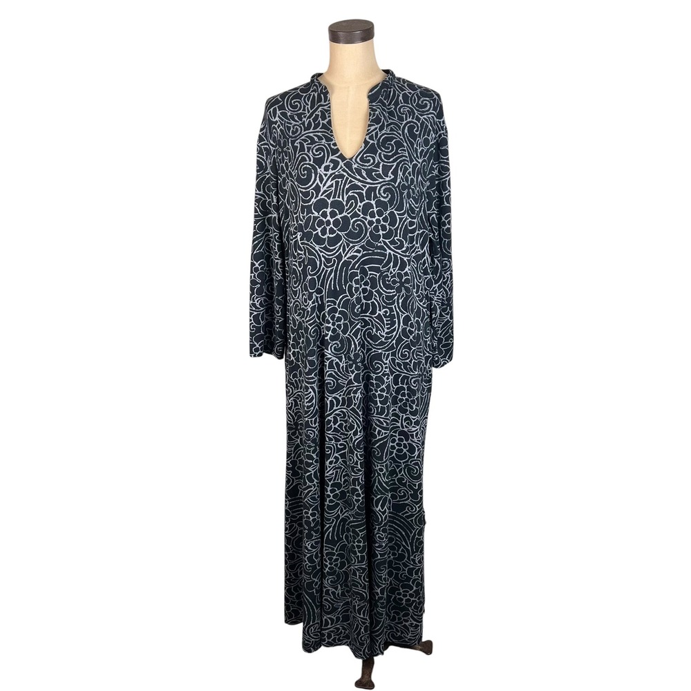 Natori Women Black White Floral Scroll Print V-Neck Maxi Dress Pockets Large